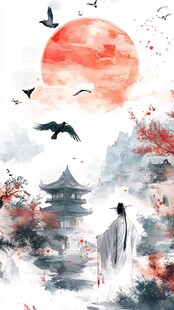 水墨古风 雅士赏景飞鸟伴