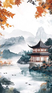 湖畔古亭秋景图