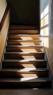阳光洒落的木质楼梯