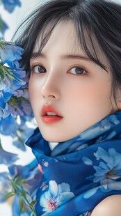 蓝花簇拥的清新少女