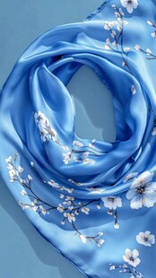 蓝色花卉图案优雅真丝围巾