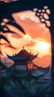 夕阳下的中式古建筑美景