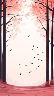 秋日林间飞鸟梦幻场景