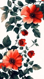 红色花卉枝叶插画图案