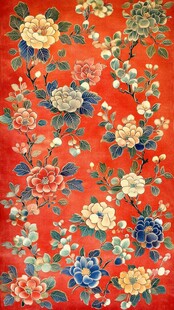红色花卉传统刺绣图案