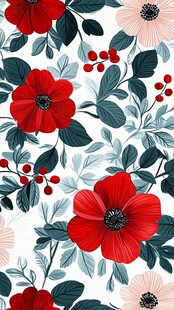 花卉图案 红粉花朵配绿叶