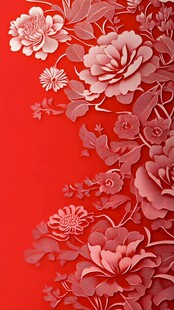 红色剪纸风花卉装饰图案