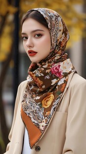 时尚印花头巾搭配米色外套