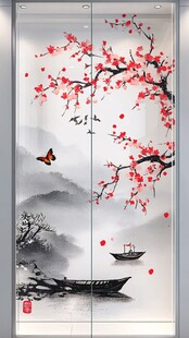 中式梅花山水移门装饰画