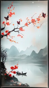 水墨红梅山水泛舟图