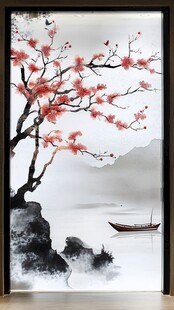 中式水墨梅花山水图