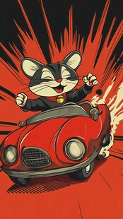 卡通猫驾驶红色酷炫跑车