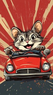 猫咪欢乐驾驶红色敞篷车