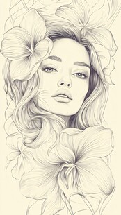 花卉环绕的柔美女性素描