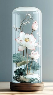 玻璃罩中的中式荷花景致