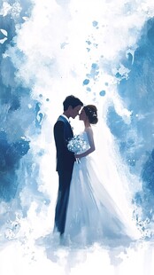 梦幻水彩下的浪漫新婚夫妇