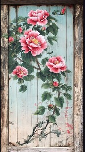 古风木板上的娇艳牡丹花