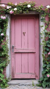 粉色花簇环绕的梦幻木门