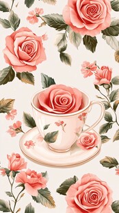 粉色玫瑰茶杯浪漫花卉图案