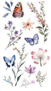 水彩花卉蝴蝶插画素材