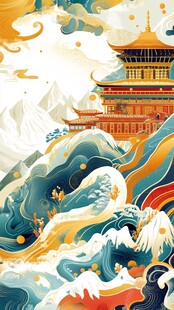 中式山水楼阁海浪画卷