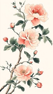 水墨风粉色花卉枝蔓图
