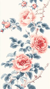中式手绘牡丹花卉图案