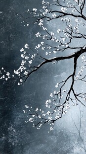 水墨风枝头绽放的素雅繁花