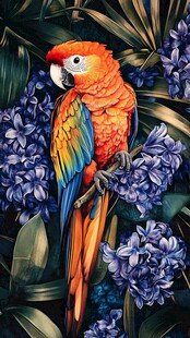 艳丽鹦鹉栖于紫花丛中