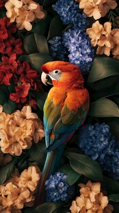 鹦鹉栖于缤纷花丛中