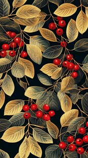 黑底红叶金枝植物图案