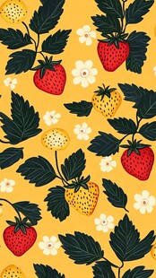 黄色背景草莓花卉图案