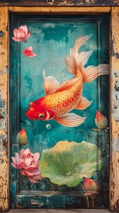 古门上的锦鲤荷花彩绘