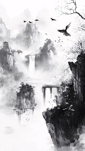 水墨山水间飞鸟越桥景