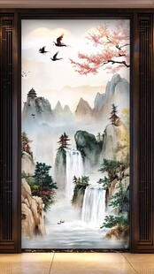 中式山水玄关壁画美景