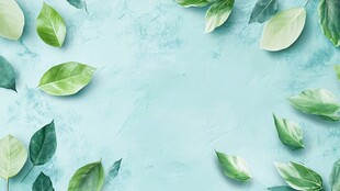 清新绿叶环绕的浅蓝背景