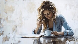 女子桌边惬意喝咖啡写作