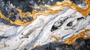 金墨锦鲤游于水墨之间