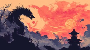 古风龙景图 晚霞下的奇幻景象