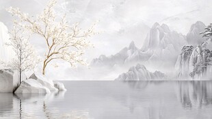 水墨山水间的孤树美景