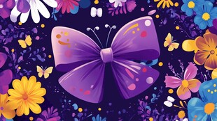 紫色蝴蝶结与多彩花卉图案