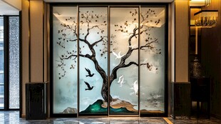 中式艺术玻璃门花鸟景致