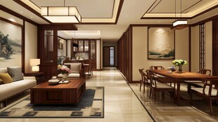 中式典雅客厅餐厅一体化空间