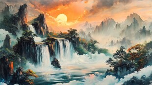 夕阳下的壮美山水瀑布景