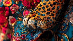 豹爪搭于华丽织物之上