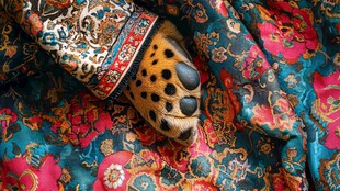 豹纹萌爪搭于华丽织物上