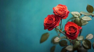 三朵红玫瑰绽放于蓝背景