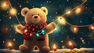 小熊挂彩灯营造温馨氛围