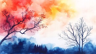 秋日梦幻水彩风景图