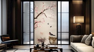 中式雅致客厅屏风花鸟景